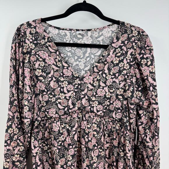NEW Old Navy Dress M Gray Floral Swing Long Sleeve Babydoll V Neck Cottage Boho - Picture 2 of 8